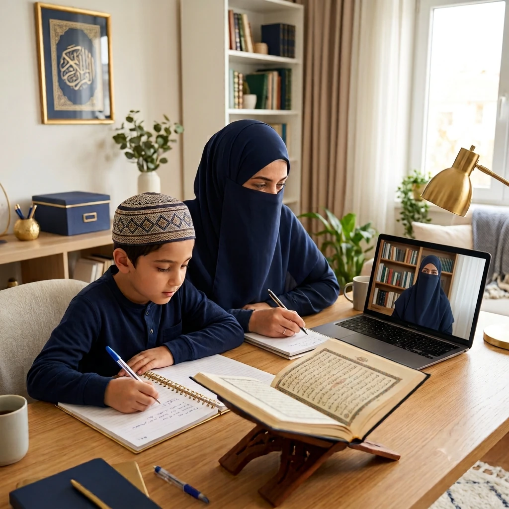 Muslim mother and child learning Tafseer online with a live Quran teacher during an interactive home study session.