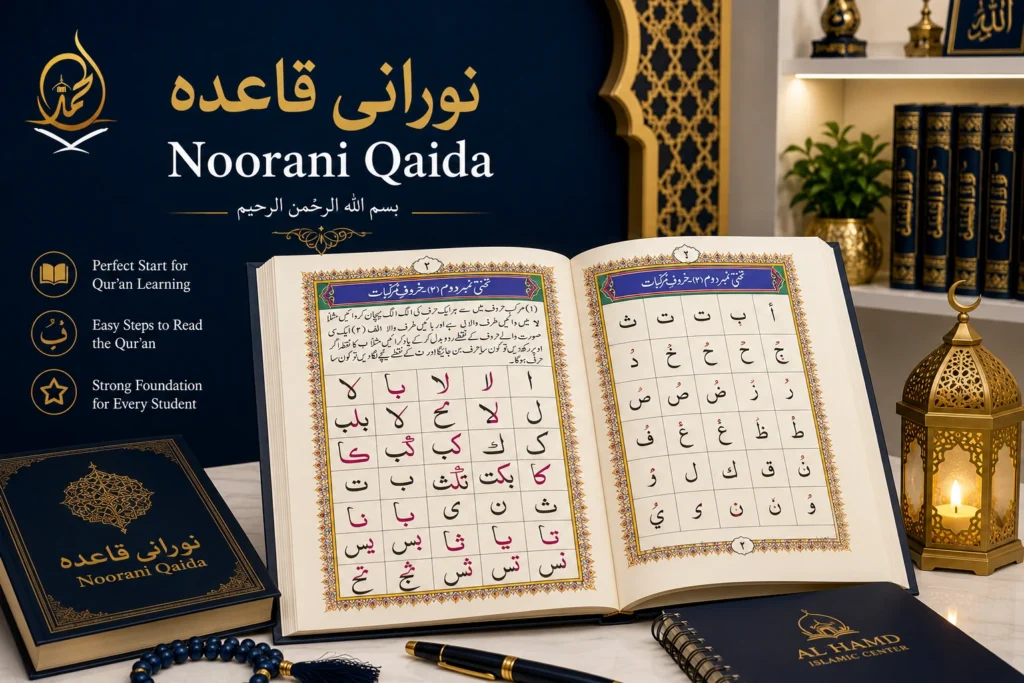 Noorani Qaida foundational lesson displaying step-by-step Arabic letter combinations for basic articulation and Tajweed rules