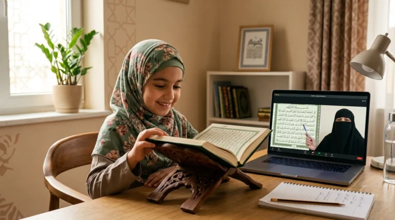 Child learning the Quran online with a certified female Tajweed teacher during a one-on-one Quran class.