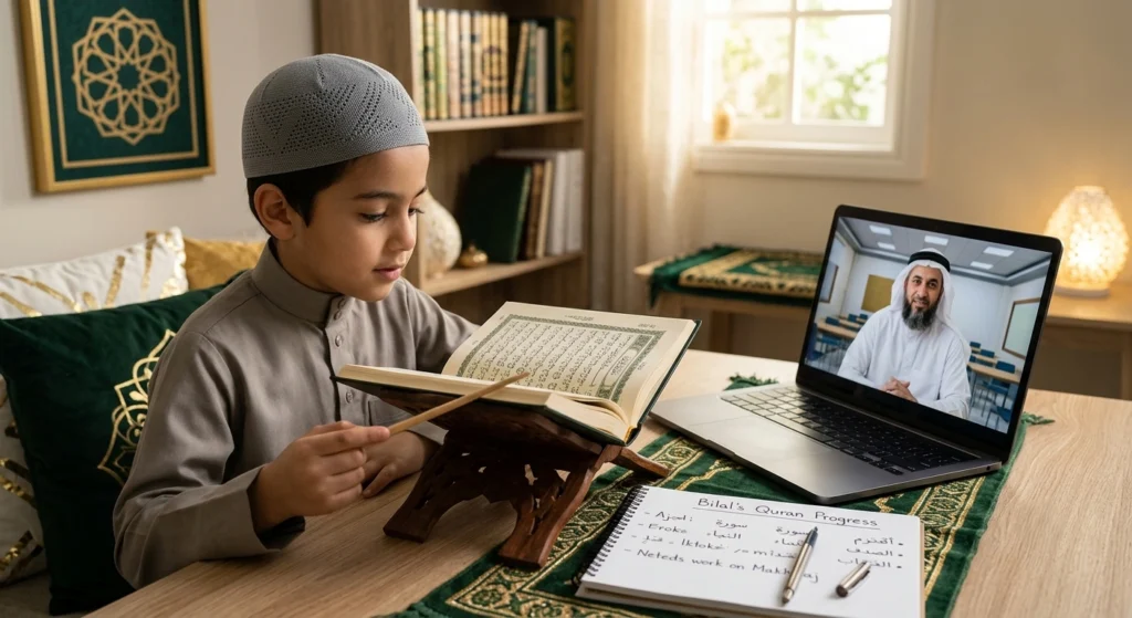 Young Muslim boy learning the Holy Quran online with a live teacher, practicing Quran recitation and Tajweed from home.