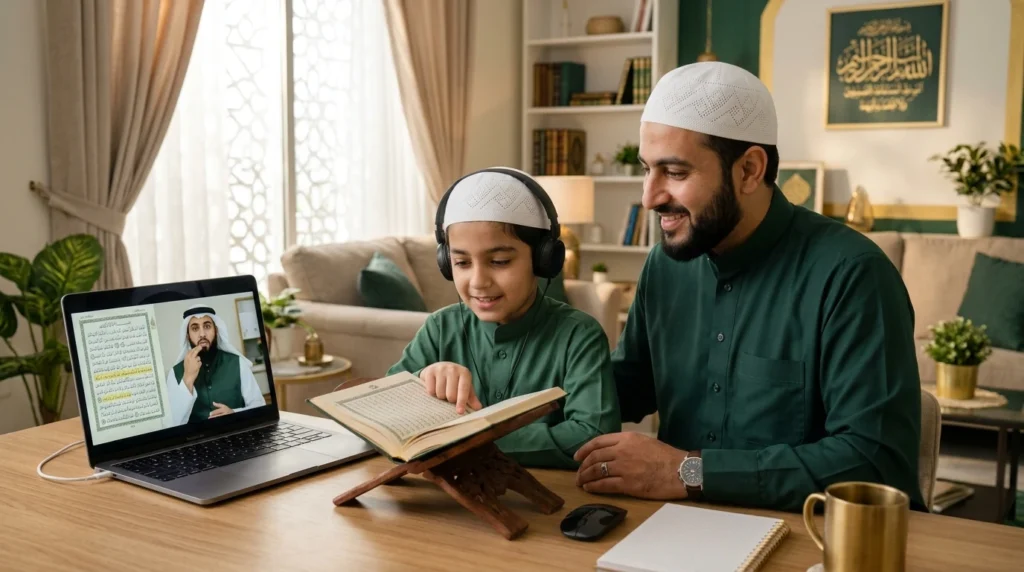 Muslim father helping his child learn the Quran during a live online class with a certified Quran teacher, overcoming Quran learning challenges through guided Tajweed practice.