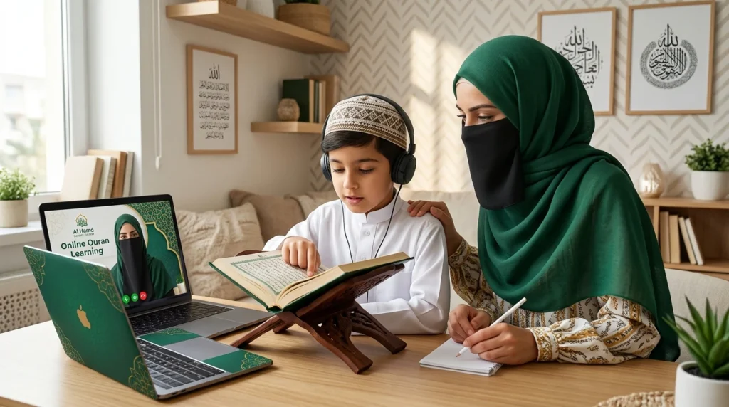 Muslim mother supporting her child during an online Quran lesson, helping overcome slow Quran progress with structured learning and certified teacher guidance.