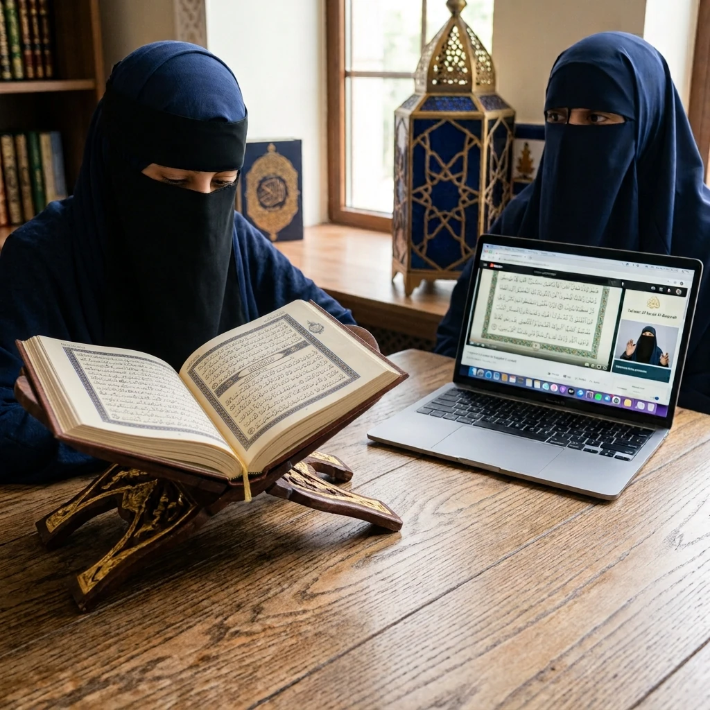 Student studying the Quran during an online Tafseer class with a qualified teacher explaining Quranic meanings.