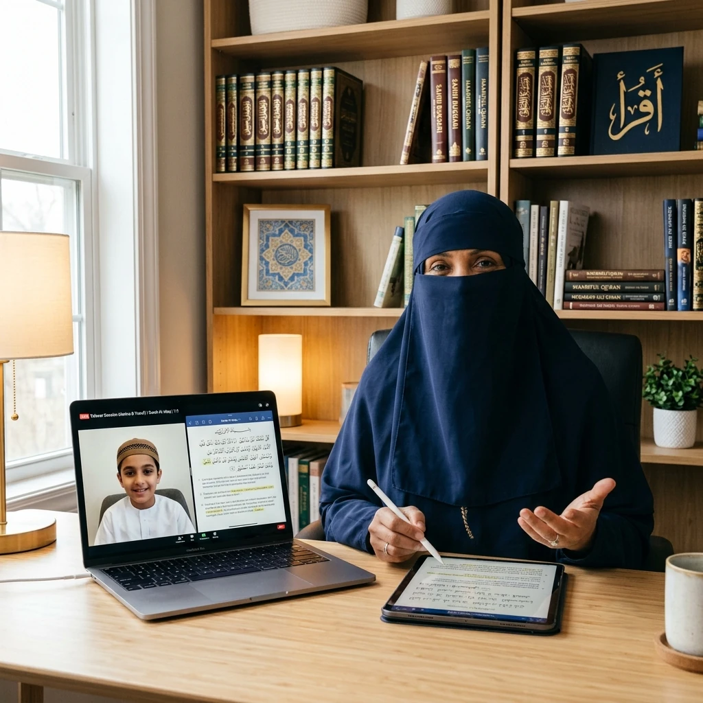 Certified online Tafseer teacher conducting a live one-on-one Quran explanation class for a young student.