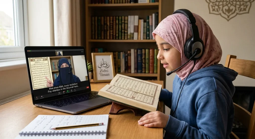 Child attending online Quran assessment class with teacher evaluating Quran reading progress