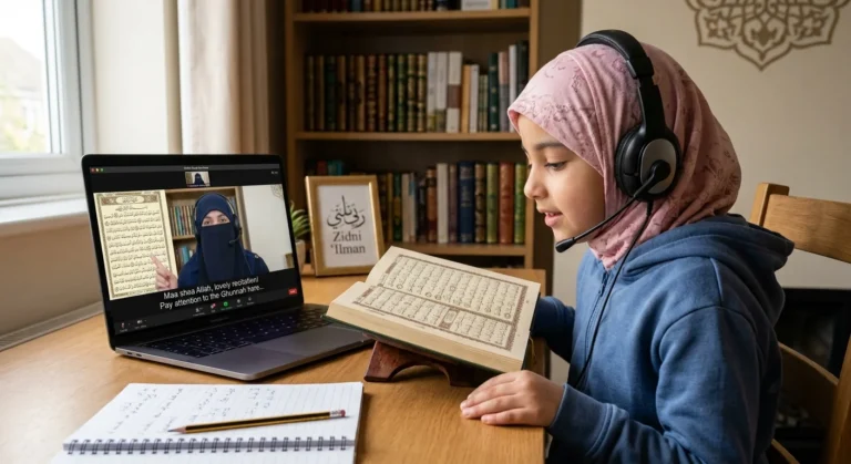 Child attending online Quran assessment class with teacher evaluating Quran reading progress