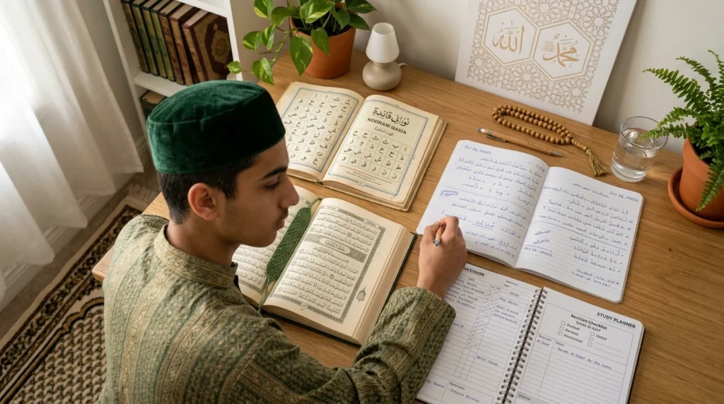 Student practicing daily Quran revision with Noorani Qaida, study planner, and Quran to improve learning speed.