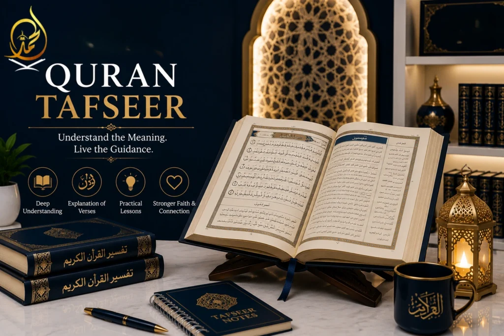 Student studying Quran Tafseer with a qualified Islamic scholar during an online class