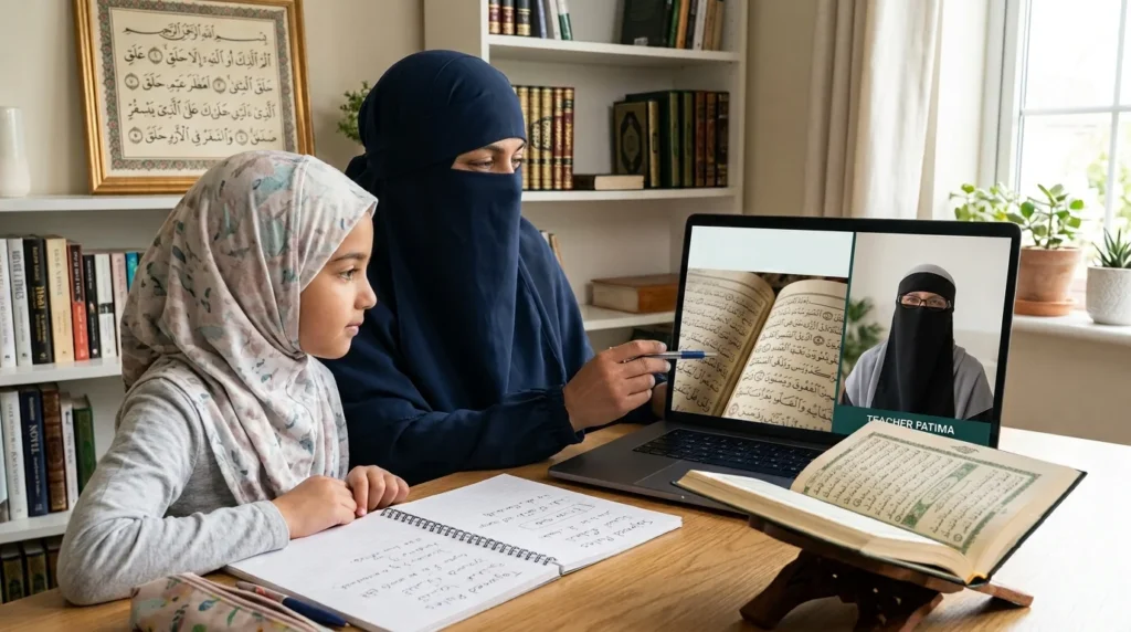 Muslim child learning Quran with teacher during online Tajweed assessment and recitation evaluation session.