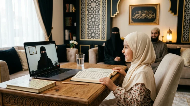 Best online Quran academy with a child learning the Quran online from a certified female teacher while parents observe the lesson at home.