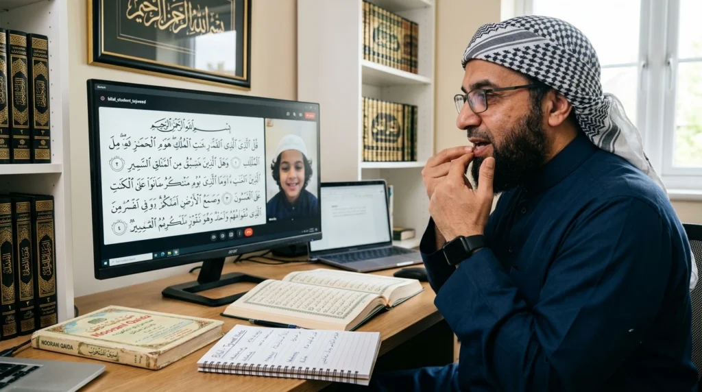 Ijazah-certified online Quran teacher demonstrating correct Tajweed and Makhraj during a live one-to-one Quran lesson with a student.
