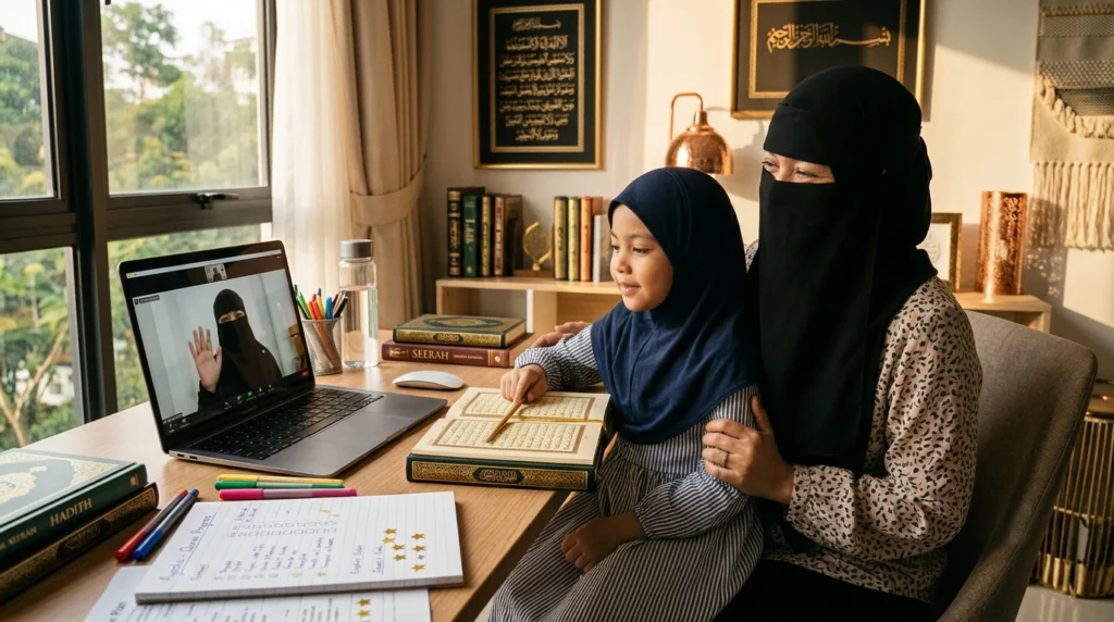 Mother supporting her child during an online Quran class with a certified female teacher, promoting safe and structured Quran learning at home.