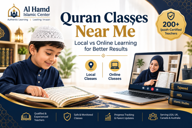 Quran classes near me comparison showing local and online Quran learning with qualified teachers
