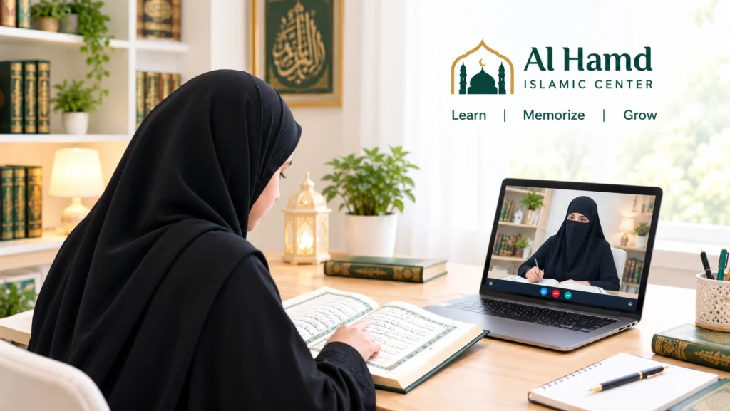 Adult woman studying Quran online with a niqab-wearing female Hifz teacher.