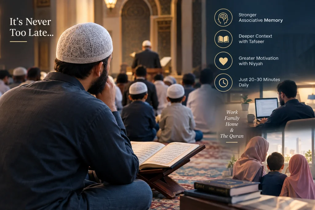 Adult Muslim man memorizing Quran in a mosque while children attend Taraweeh.