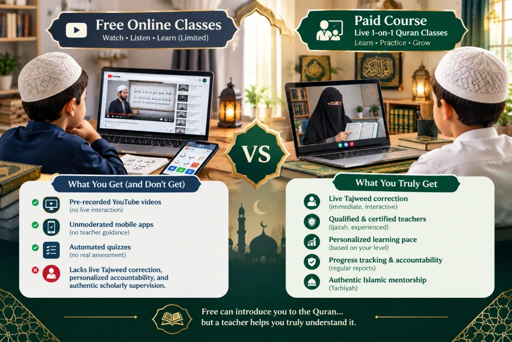 Free online Quran classes versus paid 1-on-1 Quran lessons with live Tajweed correction.