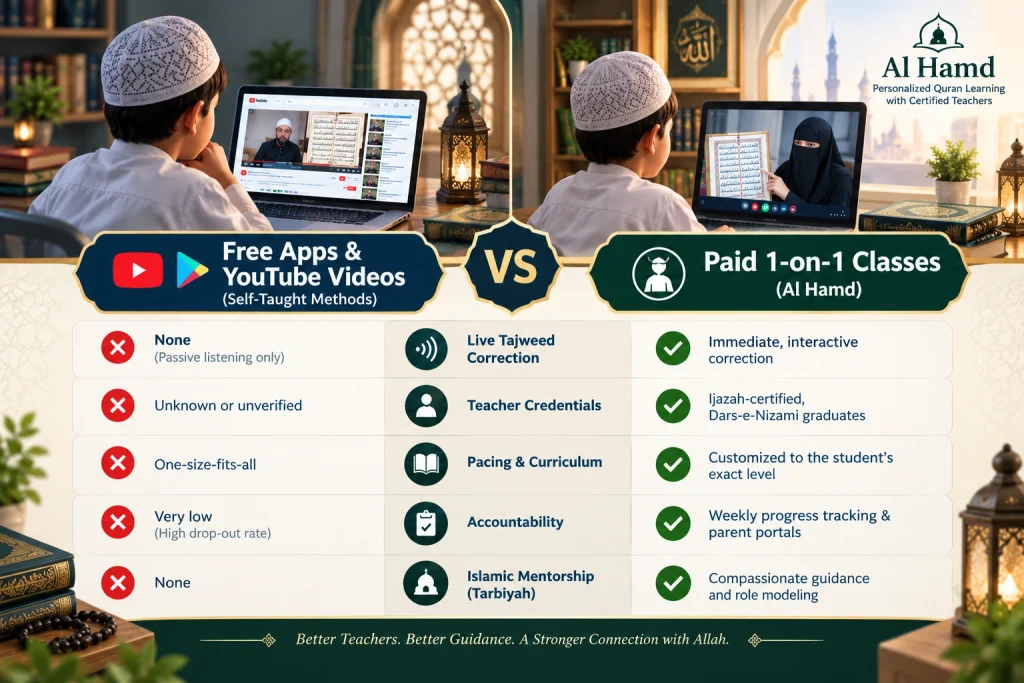 Free vs. paid online Quran classes comparison with a female Muslim teacher 