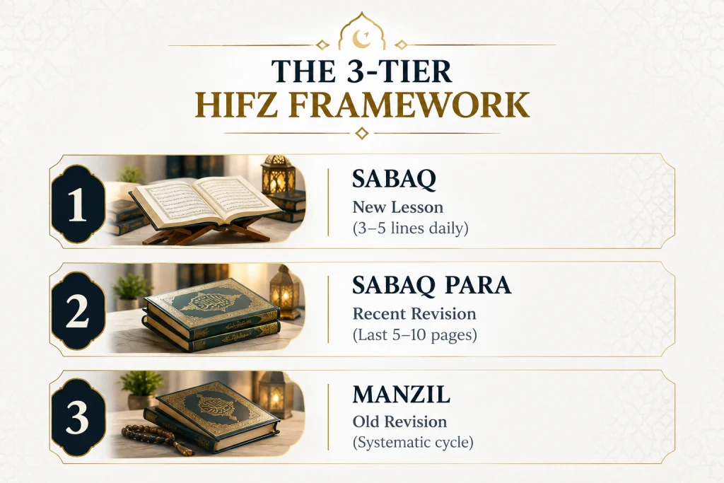 3-tier Hifz framework showing Sabaq, Sabaq Para, and Manzil revision stages.