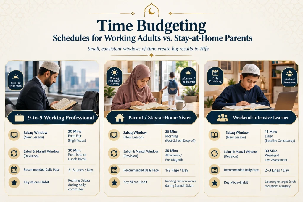 Hifz time-budgeting schedules for working professionals, stay-at-home parents, and weekend learners.