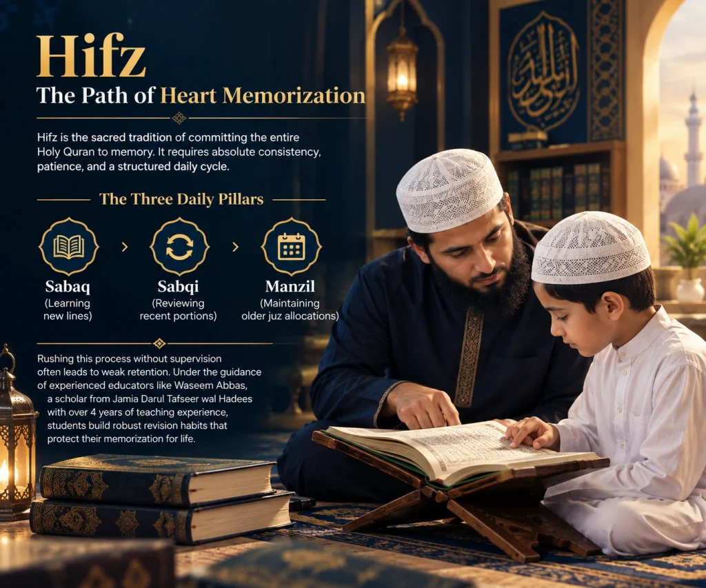 Muslim teacher guiding a boy in Quran memorization with Sabaq, Sabqi, and Manzil pillars.