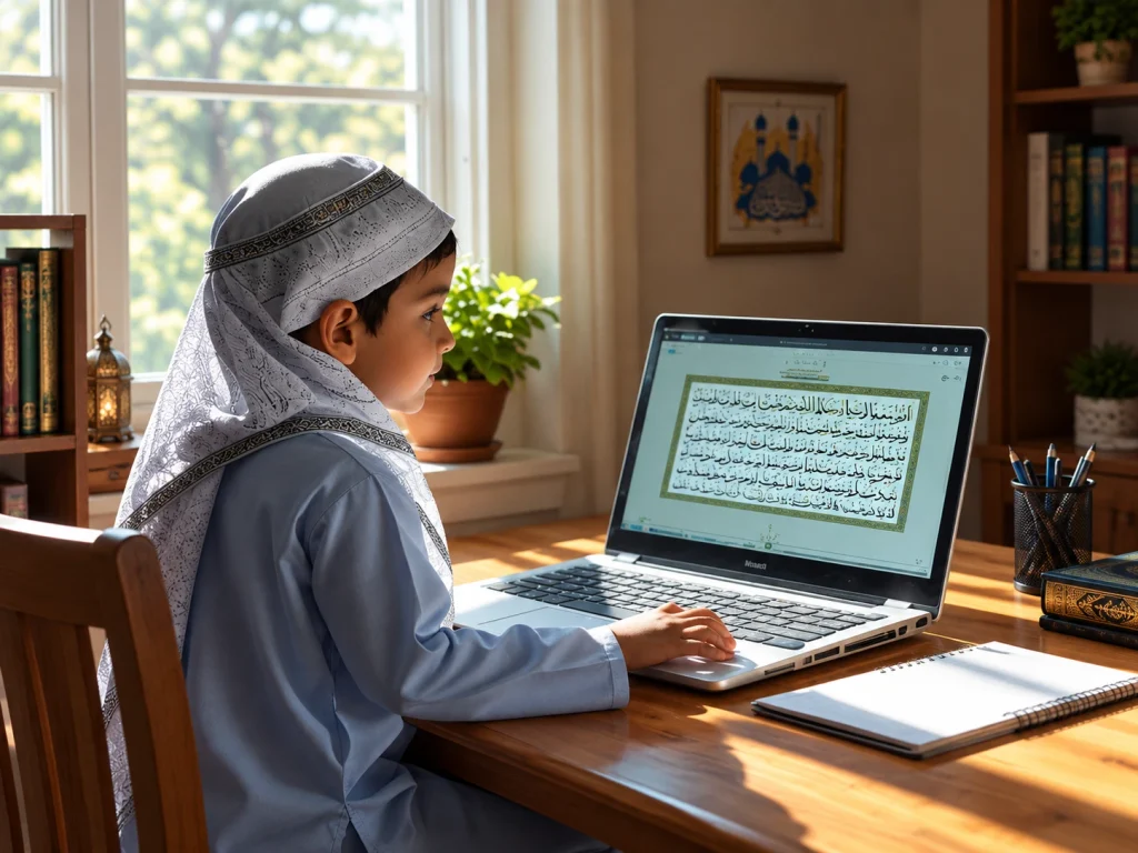 Boy studying Quran online on a laptop at home.