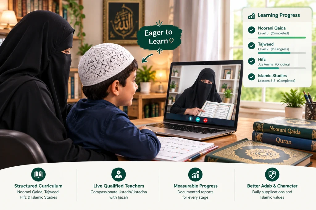 Muslim mother and child in a structured online Quran class with live teacher and progress tracking.