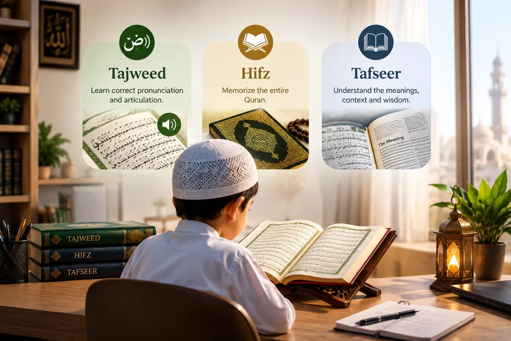 Muslim boy studying the Quran with Tajweed, Hifz, and Tafseer learning paths.