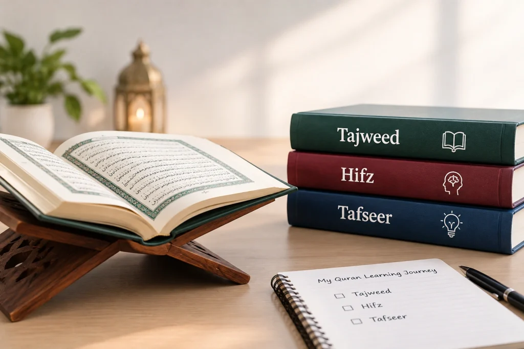 Open Quran beside books representing Tajweed, Hifz, and Tafseer Quran courses.