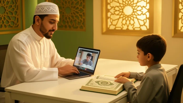 Online Quran teacher guiding a child through one-on-one Quran lessons.