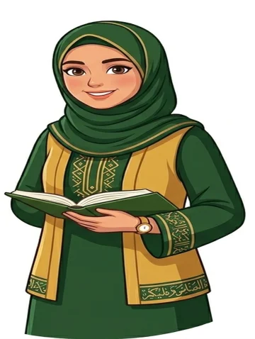 Sidra Zulfiqar Female Quran teacher avatar in green hijab reading from an open Quran book