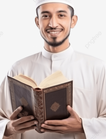 A person holding an open Quran while studying, with a thoughtful expression.